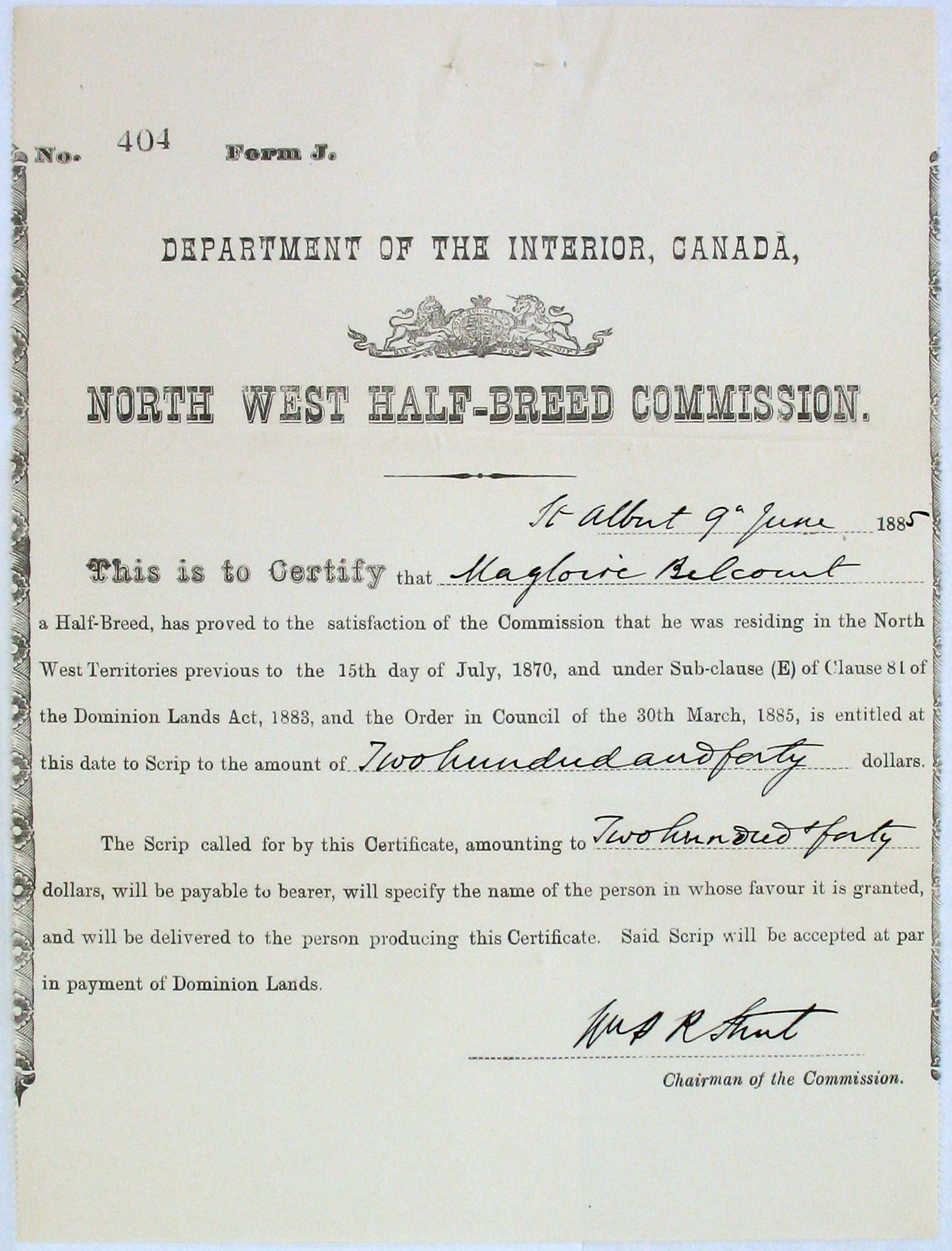 Métis land scrip document